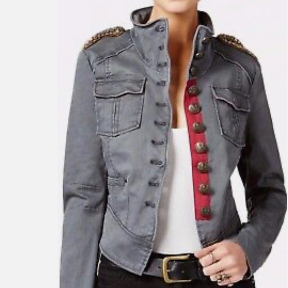 Free People Military Jacket Shrunken Officer Gold Beaded Epaulettes